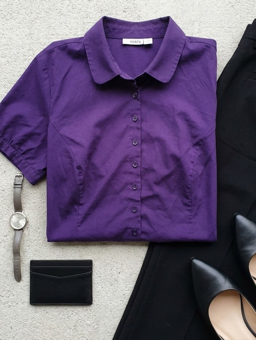 Ricki's Sz 16 Deep Purple Blouse Button Down Cap Sleeve Business Casual Classic